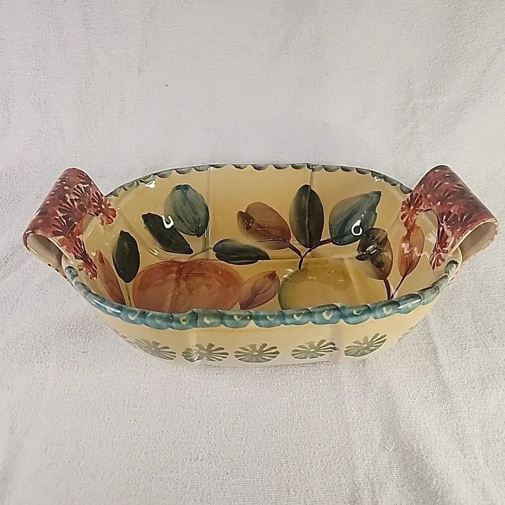 Dish Casserole Hand Painted Italy Floral Fruit Ceramic Bowl Double Handle VTG